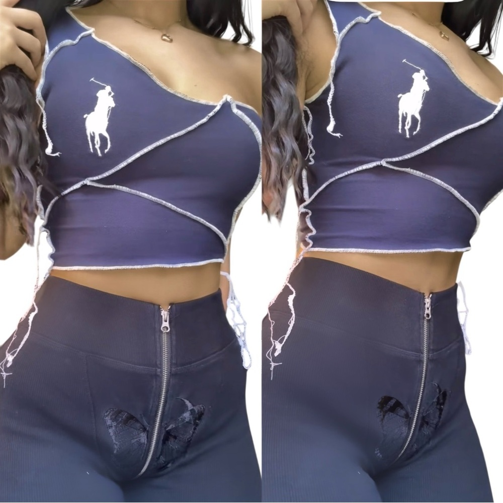 Ralph Lauren Polo Reworked Custom One Shoulder Patchwork Crop Top